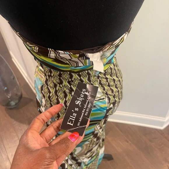 Boutique Strapless Geo-Print Maxi Dress in Teal and Brown - Picture 6 of 6